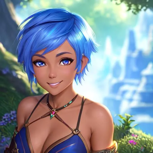 Prompt: oil painting, D&D fantasy, tanned-skinned-gnome girl, tanned-skinned-female, short, beautiful, short bright blue hair, long pixie cut hair, smiling, pointed ears, looking at the viewer, Wizard wearing intricate adventurer outfit, #3238, UHD, hd , 8k eyes, detailed face, big anime dreamy eyes, 8k eyes, intricate details, insanely detailed, masterpiece, cinematic lighting, 8k, complementary colors, golden ratio, octane render, volumetric lighting, unreal 5, artwork, concept art, cover, top model, light on hair colorful glamourous hyperdetailed medieval city background, intricate hyperdetailed breathtaking colorful glamorous scenic view landscape, ultra-fine details, hyper-focused, deep colors, dramatic lighting, ambient lighting god rays, flowers, garden | by sakimi chan, artgerm, wlop, pixiv, tumblr, instagram, deviantart