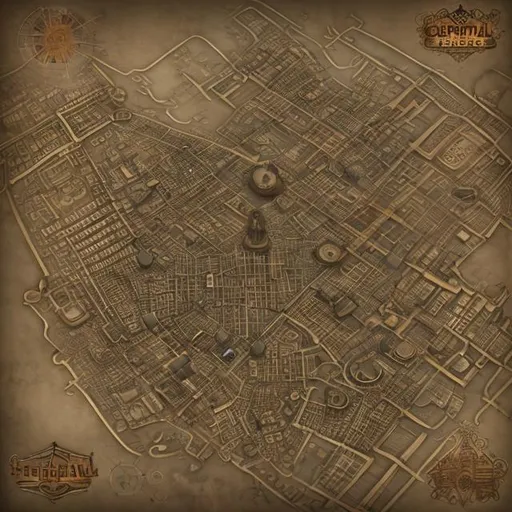 Prompt: a cenital map of a steampunk city with 4 roads on a stylized 3d style