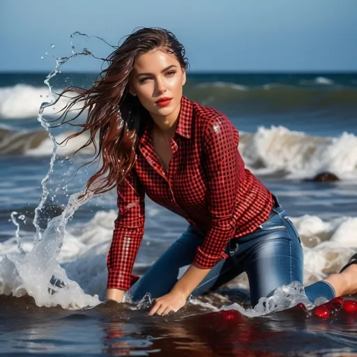 Prompt: Generate a photo of a young woman, wearing a  heels, long tight jeans, checkered red shirt,  laying in the sea, waves splashing. She is enjoying being in her wet clothes, water dripping from her clothes, which are stuck to her body.  The image should show detailed textures of the wet fabric, a wet face, and plastered hair. The overall effect should be shiny and wet, with professional, high-quality details and a full body view.