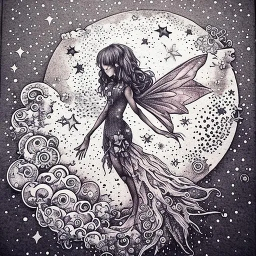 Prompt: Weird fairy stars moon sky dark art dotwork 