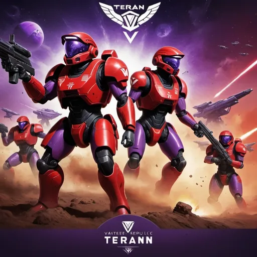 Prompt: "Design a modern-style propaganda poster depicting the powerful red TR (Terran Republic) team defeating the purple VS (Vanu Sovereignty) team. The TR soldier should be bold, dynamic, and dominant, using wartime imagery like red killing purple. The VS team should appear weak and defeated under the force of the TR. Include a short slogan at the top in bold, vintage typography: 'Victory Through Strength.' Use a classic planetside2 color palette with an emphasis on red for the TR, while the VS color should be secondary."