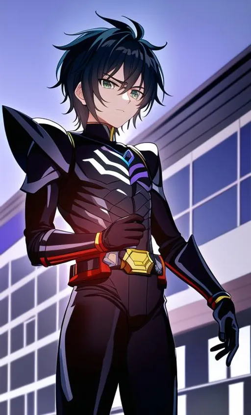 Prompt: 
((solo)),male,boy under 10,slim,((saintseiya)) armor,chest  mark, gaze,big kamenrider belt,gray and black ,Notably, ((long mant))
spider,club suits,buildings,walking slowly,
kamenrider,calm tone,
((high detail,professional))