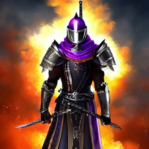 Prompt: Zander, Anime style, Black Medieval Knight Armour with purple gem in the chest, helmet, longsword in sheath attached to hip, medieval, castles, day, high quality, flames, dragons, highly detailed, trending on artstation, HD quality, bright lights