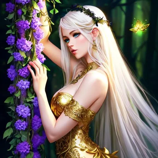 Prompt: Chiaroscuro, full-body painting of a beautiful pale-skinned night elf girl ((((beautiful full body)))), ( platinum blonde hair with flowers, messy), ropes, ((forest background)), bioluminescent, (wearing intricate jewelry) gold gothic flowing dress with golden filigree details and ornamental jewelry, vines, delicate, soft, fireflies, spiders, spider webs, webs, silk, threads, ethereal, luminous, glowing, dark contrast, celestial, highly detailed face, ribbons, trails of light, 3D lighting, soft light, vaporware, volumetric lighting, occlusion, Unreal Engine 5 128K UHD Octane, fractal, pi, fBm, mandelbrot