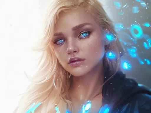 Prompt: intricate female, sparkling blue eyes, blonde hair, dimples, ornate, intricate, flowing, neon, led, fractals, hyper-detailed, 64K, UHD, HDR, unreal engine, vivid colors