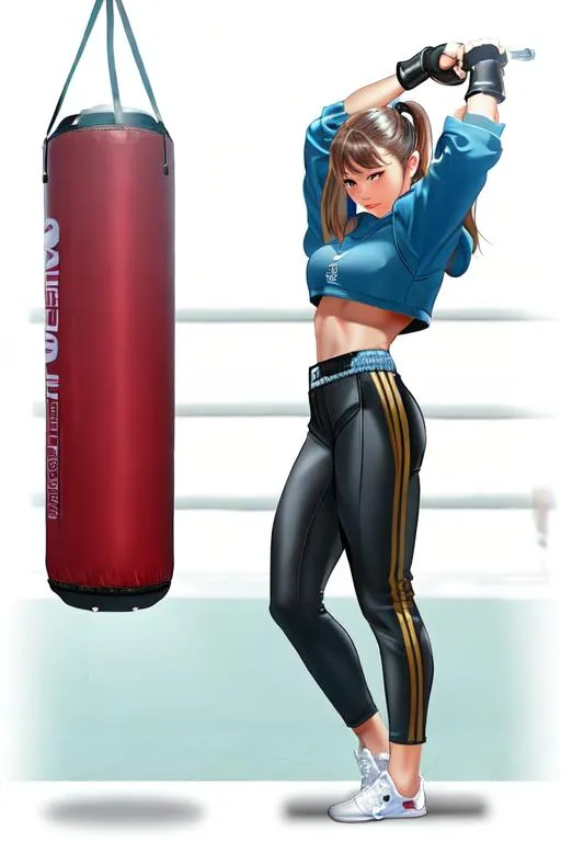 Prompt: Best quality, girl, (punching bag:1.2), master piece, punchingbag, punching punching bag, muscle