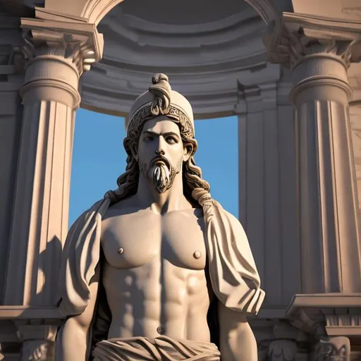 Prompt: A greek statue looking in front of the camera, camera is focused on the face of the statue, the statue has locks, the face is epic, everything looks clean, realistic, logo 