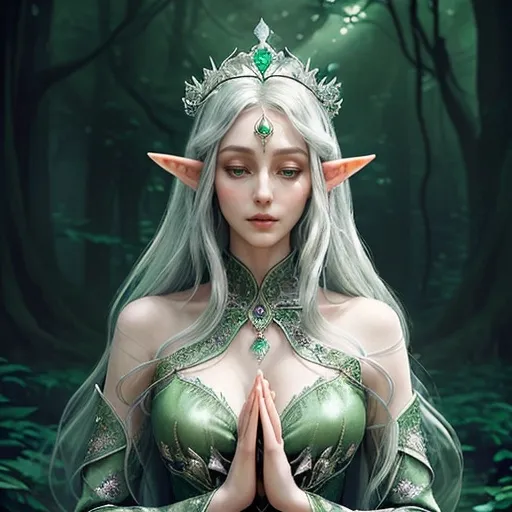 Prompt: Adult slim female elf royalty, graceful posture, ethereal elegance, adorned in intricate silver and emerald robes, wearing a delicate crown, long flowing hair adorned with flowers, serene expression, surrounded by enchanted forest backdrop, magical soft lighting highlighting her features, enchanting atmosphere, mystical aura, ultra-detailed, high quality.