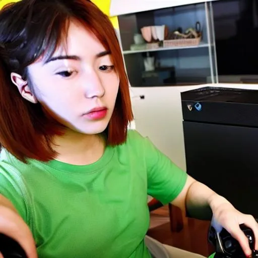 Prompt: The Korean girl who is playing Xbox has yellow hair