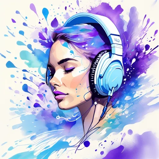 Prompt: Create a picture of a beautiful woman, close up of her face, soft feminine features, she is wearing headphones, you can see music exploding around her in the form of water colors, covering the page in different shades of blue and purple