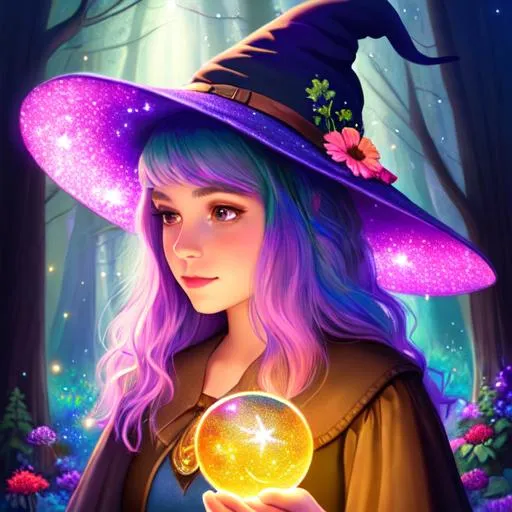 Prompt: a young witch with short multicolored hair, Disney style, witch hat, forest, flowers, nighttime, galaxy, soft light, art, painting, sweet, fireflies, pastel, holding a crystal ball