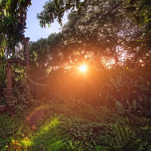 Prompt: jungle temple, surrounded by vines,     8k,sunrise