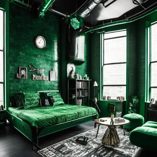 Prompt: Close caption of a slytherin theme from Harry Potter living apartment. Teenagers. Young adults room. Modern.