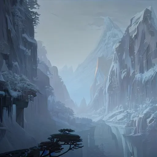 Prompt: emerald mountain gorge on a winter's morning. chinese graphic art