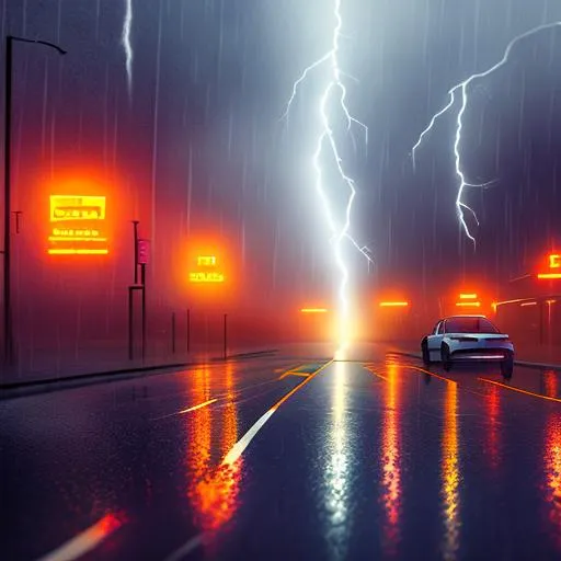 Prompt: cars road, heavy rain, thunderstorm and lighting, empty street, eerie, hyper detailed, illustration, 4k 8kstreet in suburb, affluent neighborhood, rain, summer, Los Angeles