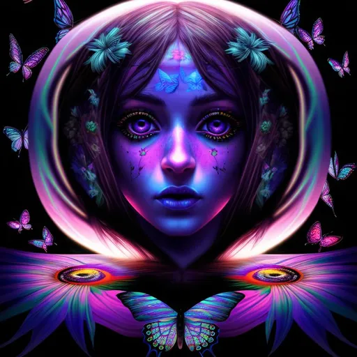 Prompt: psychedelic, twisted, cinematic, 3D, HD, {Female}Hippie, Beautiful big reflective eyes, long flowing hair, flowers, butterflies, birds, expansive psychedelic background, sunset, hyper realistic, 64K --s98500