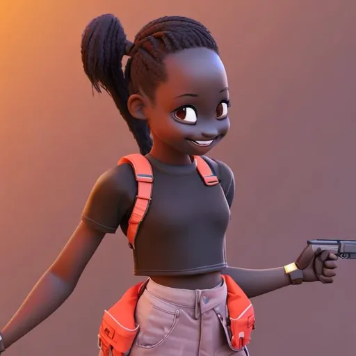 Prompt: 3d animated girl smiling, wearing side pockets, crop top, long pony tails, with a gun, dark skinned 
