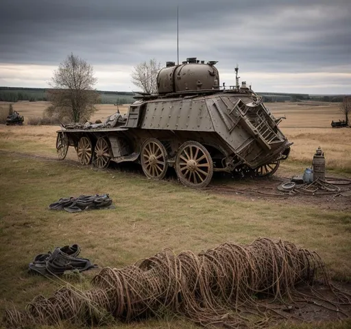 Prompt: A steampunk turret is mounted on top of A battered steampunk war carriage on the battlefields of ww1. barbed wire, trenches, dead soldiers and horses litter the muddy and destroyed terrain. Burned tree stumps smoilder in the background.