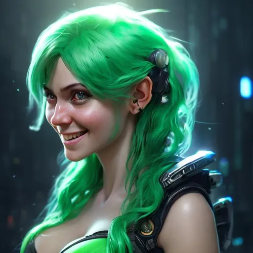 Prompt: attractive early-twenties woman, green hair, smiling, futuristic, portrait, realistic details, photorealistic, 8K render, cinematic lighting,  ultra detailed