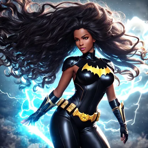 Prompt: Batman stylized, UHD, hd , 8k, 3d rendered , Very detailed, panned out view with whole character in from, a chocolate skinned, long hair with tight curls, wind giant female  celestial being character, posing like a diva, echoing movements , magic light following her movements, HD, 3D rendered, Hair caught in aggressive breeze infused with electricity, and burning to ash, scaly shiny leather kimono Mistress  styled dress, Gritty Fantasy character, sharp expressive facial features, confident smirk, hand near face, Metal staff in hand