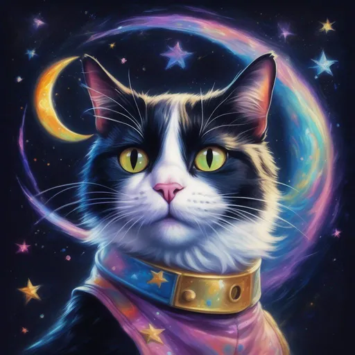 Prompt: a colourful tuxedo cat made of stars and outer space, jumping over the moon in space a photorealistic impressionistic Disney style.