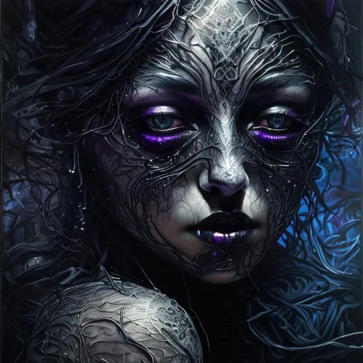 Prompt: "Obsidian Whispers" captures the essence of the dark inner reality through a mesmerizing oil painting. Veiled in a rich palette of deep purples, velvety blacks, and lustrous gold accents, the artwork reveals a hauntingly beautiful figure whose eyes reflect a myriad of emotions. Her cryptic expression invites viewers to explore the profound secrets she conceals within, while intricate patterns of dark vines and delicate feathers symbolize the intricate complexity of the human psyche.