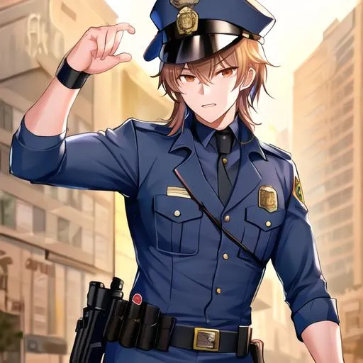 Prompt: Caleb as a police officer in a gunfight bullets flying
