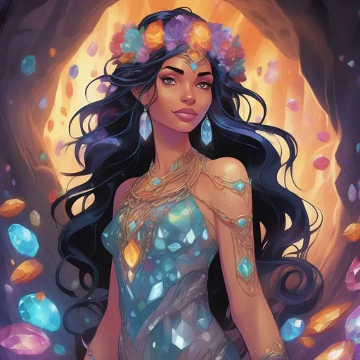 Prompt: A colourful and beautiful Persephone, in a beautiful flowing dress made of gems and flowers, with iridescent hair, with glowing and iridescent tribal markings on her skin, in a cave filled with glowing gems. In a Disney and Marvel Comics painted style.