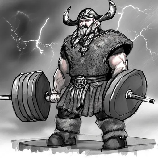 Prompt: weight lifting viking with lightnings behind him sketch

