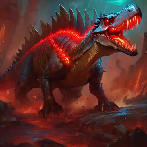 Prompt: world of warcraft style, zombified Spinosaurus with red bioluminescent eyes, rust colors, war background, radiant, art by greg rutkowski and artgerm