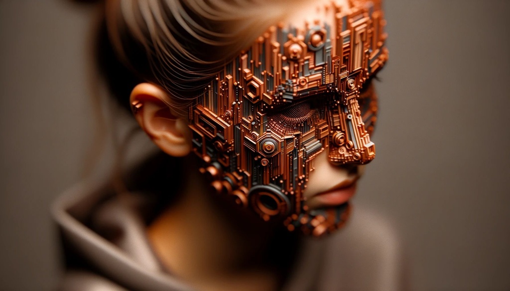 Prompt: A girl has her face covered with a technological design, in the style of greeble, light bronze and orange, tilt shift, bold and expressive portraits, darkly detailed, intricate, split toning in wide ratio.