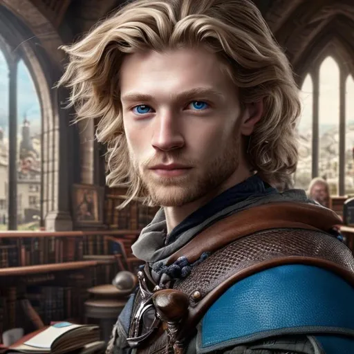 Prompt: photorealistic portrait of a beautiful intelligent european man with longer goldblonde styled hair, honourful, adventurer, scholar, blue eyes, honourful, impressive, medieval fantasy setting, the inner of a library in the background