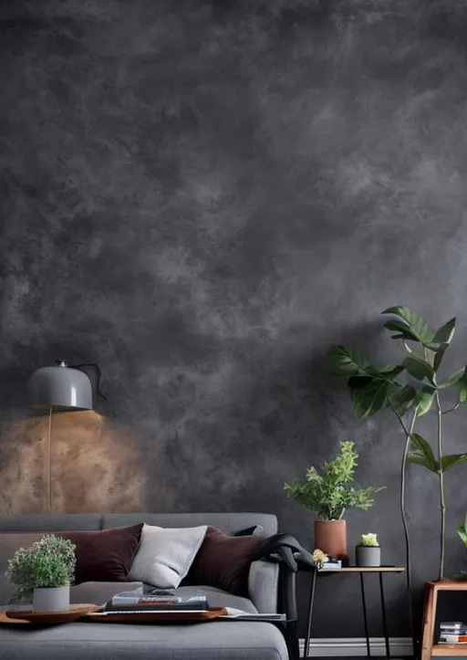 Prompt: Design a comfortable looking room with dark grey walls.
