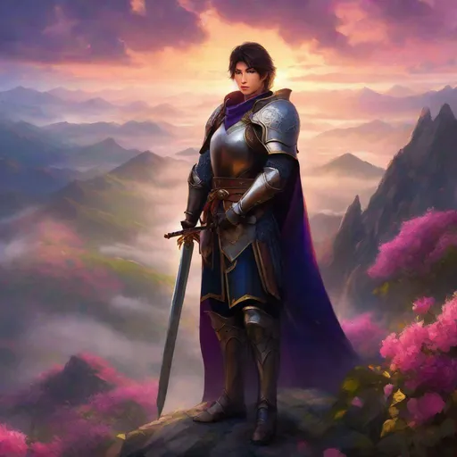 Prompt: Realistic lush ancient landscape, heavy mist, standing at the top of a mountain. a young cute Japanese adult {femboy}, medieval knight paladin holding a sword {a rose-shaped hilt. Hilt is Black Metal. Blade has purple reflection.}. detailed face, short brown to blonde hair, dark blue eyes, sun tanned skin, skin spores, round shaped nose, round cheeks, metal armor.