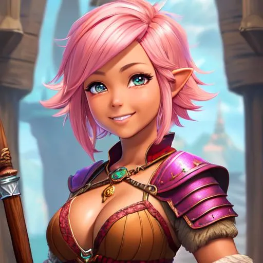 Prompt: oil painting, D&D fantasy, tanned-skinned-gnome girl, tanned-skinned-female, short, beautiful, short bright pink hair, twists cut hair, smiling, pointed ears, looking at the viewer, Wizard wearing intricate wizard outfit, #3238, UHD, hd , 8k eyes, detailed face, big anime dreamy eyes, 8k eyes, intricate details, insanely detailed, masterpiece, cinematic lighting, 8k, complementary colors, golden ratio, octane render, volumetric lighting, unreal 5, artwork, concept art, cover, top model, light on hair colorful glamourous hyperdetailed medieval city background, intricate hyperdetailed breathtaking colorful glamorous scenic view landscape, ultra-fine details, hyper-focused, deep colors, dramatic lighting, ambient lighting god rays, flowers, garden | by sakimi chan, artgerm, wlop, pixiv, tumblr, instagram, deviantart