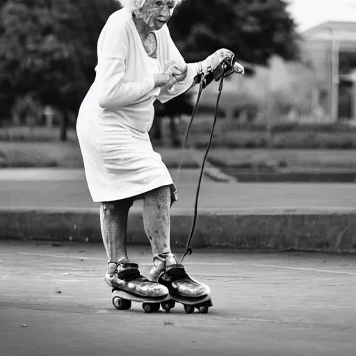 Prompt: black and white image of an old woman wearing a dress while roller blading