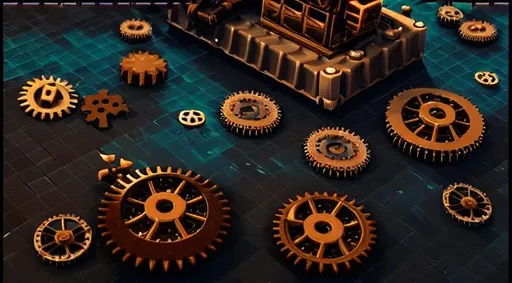 Prompt: voxel art, steampunk, dark colors, sparkling night, stars, giant gears floor, gears, mechanical world
