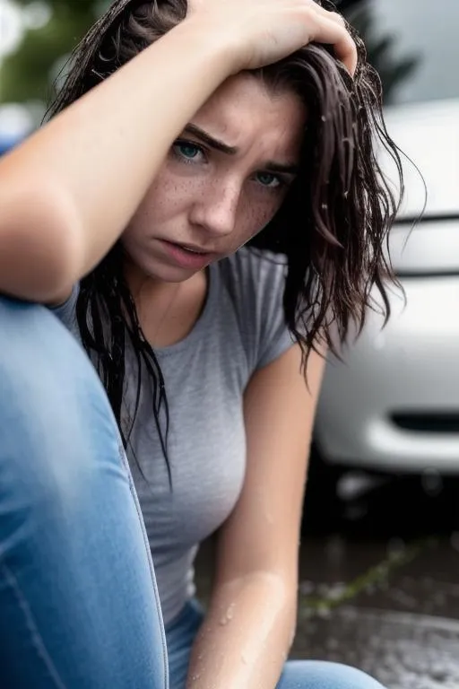 Prompt: a freckled young woman is frustrated, soaking wet, sitting on a curb in the rain and hiding a dirty secret, holding in her shame is causing her severe emotional distress and physical discomfort,