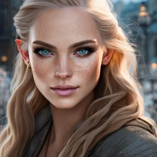 Prompt: Realistic, High Resolution, High Elf, Cleric, Blonde Hair, Green Eyes, Female, Light Tan, Full-body, Long Hair, Braids In Hair, Light Freckles On Cheeks, Natural Makeup, Medium Armor, Leather Armor, Elven City Background, Divine Magic, Beautiful Face, masterpiece, best quality, super detailed, high resolution, very detailed, 8k uhd, realistic, (natural light), amazing, fine detail, best, high quality, RAW photo, Fighting stance, wielding a lance, Hair jewelry, Angelic, wings, Divine Power.