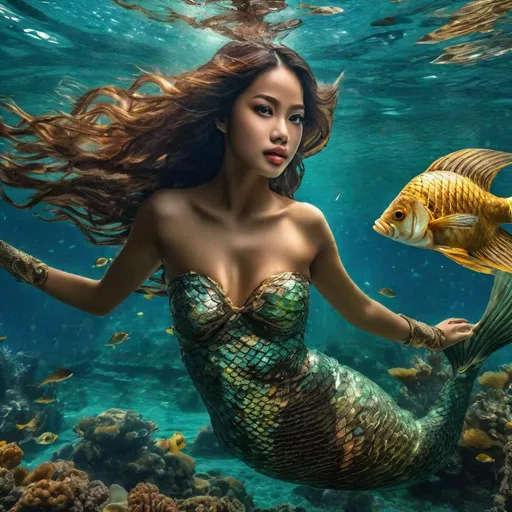 Prompt: pretty Indonesian mermaid with a fish tail, (round face, high cheekbones, almond-shaped brown eyes, small delicate nose), swimming underwater, (mermaid with fish tail), RAW photo, masterpiece, intricate detail, hyper-realistic, photorealism, hyper detailed texturing, high resolution, best quality, UHD, HDR, 8K, award-winning photograph, octane render