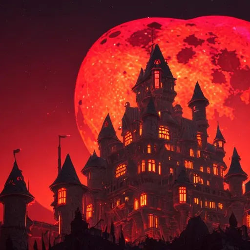 Prompt: A giant evil castle with a red glowing moon