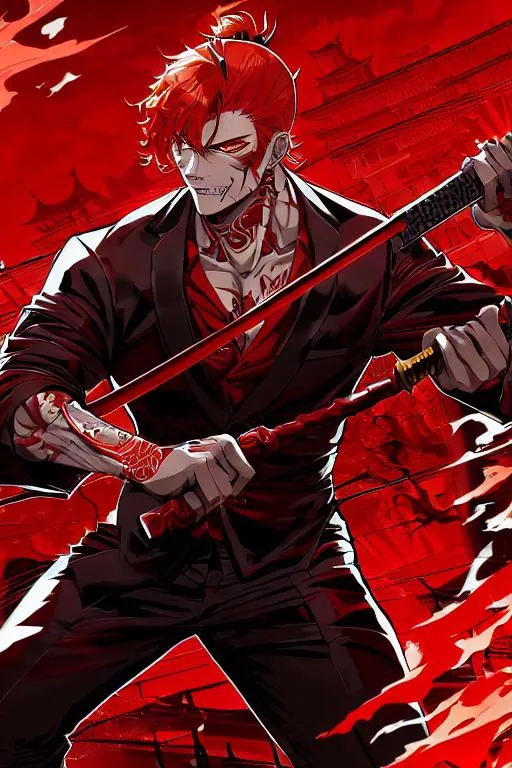 Prompt: A capture of a demonic man while he is swinging his sword, orange curly hair, man bun, badass, scars on his face, devil, yakuza, japanese, red and black colors, he have Horns, muscular, a bit realistic, cinematic cool pose, background blur, sharp focus, tattooed, in the midst of war, digital art, manga, vibrant, sharp, mappa, anime, villain, demon hunter, he is angry, gothic, stop motion, motion capture, FHD, instagram, trending in artstation, HD, 4k