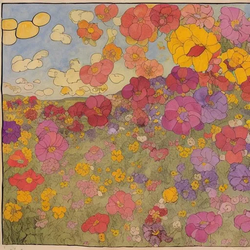 Prompt: Henry Darger colorful drawing, flowers, clouds