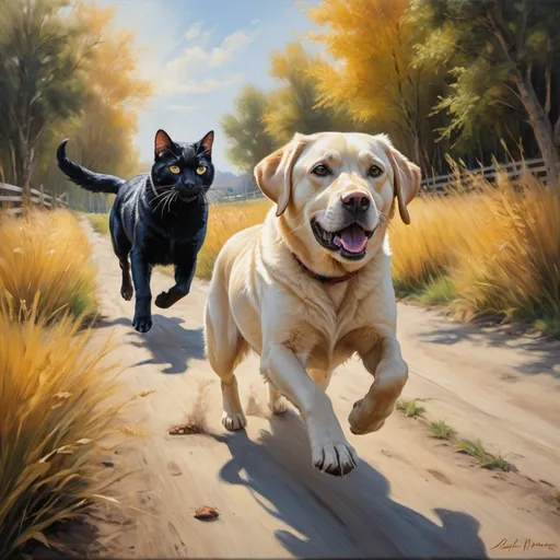 Prompt: Labrador dog running with black cat, vibrant and realistic, oil painting, detailed fur with realistic textures, dynamic motion, high quality, vibrant colors, realistic, oil painting, detailed fur, dynamic motion, high quality, vibrant, realistic textures, outdoor setting, sunny day, warm lighting