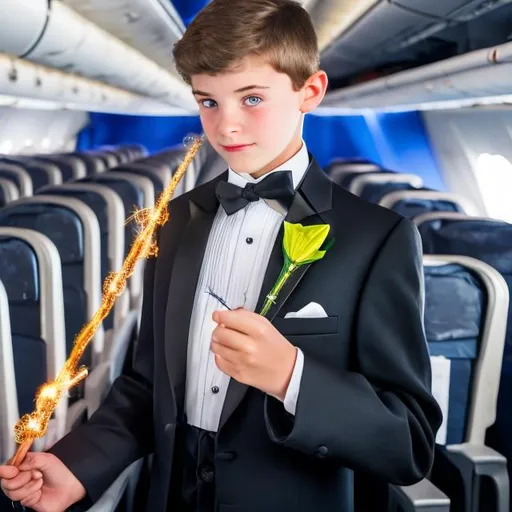 Prompt: 16 year old boy in a tuxedo in the airplane aisle wavering his magic wand at a flight attendant. Sparkling magic forms on the top of the wand as the flight attendant screams and braces for the impact of magic.