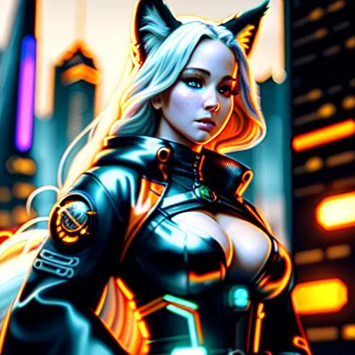 Prompt: female cleavage, cyberpunk, intricate detail, Detailed face, cleavage, photo realistic, hyperrealism, artstation, HD, 4K, dynamic lighting, long white hair, Cyberpunk art, futuristic skyline, model: Jennifer Lawrence in a steampunk and dark fantasy theme, ((fox girl and fox spirt with black hair)) with ((sexy orange and green kimono)) with ((fox ears and tail)), balayage braids hair, ((huge breast))