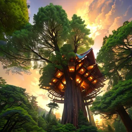 Prompt: a fantasy tree house in a redwood that towers 50m over surrounding trees, far above the ground, lanterns, tree tops below, sunset, clouds, Azulejo, ultrarealistic, world masterpiece, bird's eye view, hyperrealistic, super detailed, HDR, 8k, high quality, trending on artstation, pixv, by studio ghibli, by larry elmore, unreal engine 5 