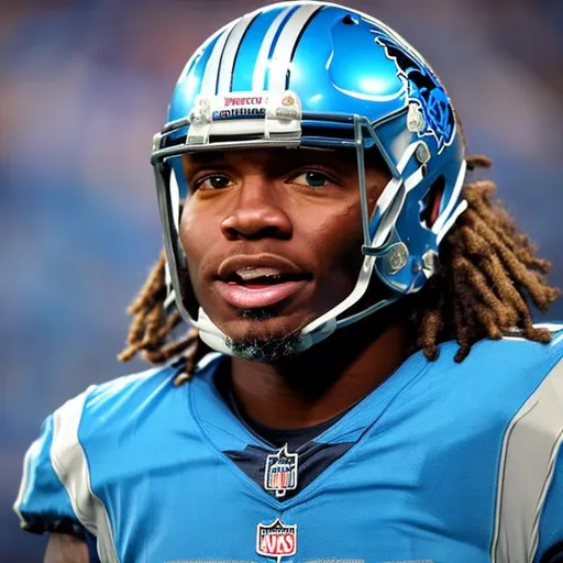 Prompt: give me a highly realistic headshot photo of jahmyr gibbs, the detroit lions runningback, without a helmet, but he has blue icicle hair in place of his current dark hair