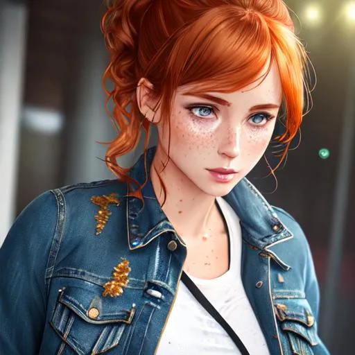 Prompt: ginger hair in a messy bun full of barrette, buxom tomboy girl, sweaty wet, covered in sweat, face full of freckles, wears open jacket and ripped jeans, highly detailed face, highly detailed eyes, highly detailed body, full body pose, whole body visible, full character visible, soft lighting, high definition, highly detailed, ultra realistic, unreal engine 5, 8K, digital art