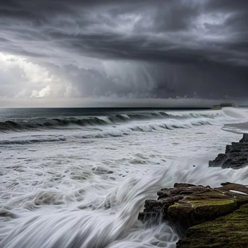 Prompt: extreme Far shot back view, panorama view, an extremely  very stormy beach with high  violent crashing waves, the back view of a  galloping horse racing away down the beach, in very stormy weather, sunset and stormy clouds, violent crashing waves, rainy storm.